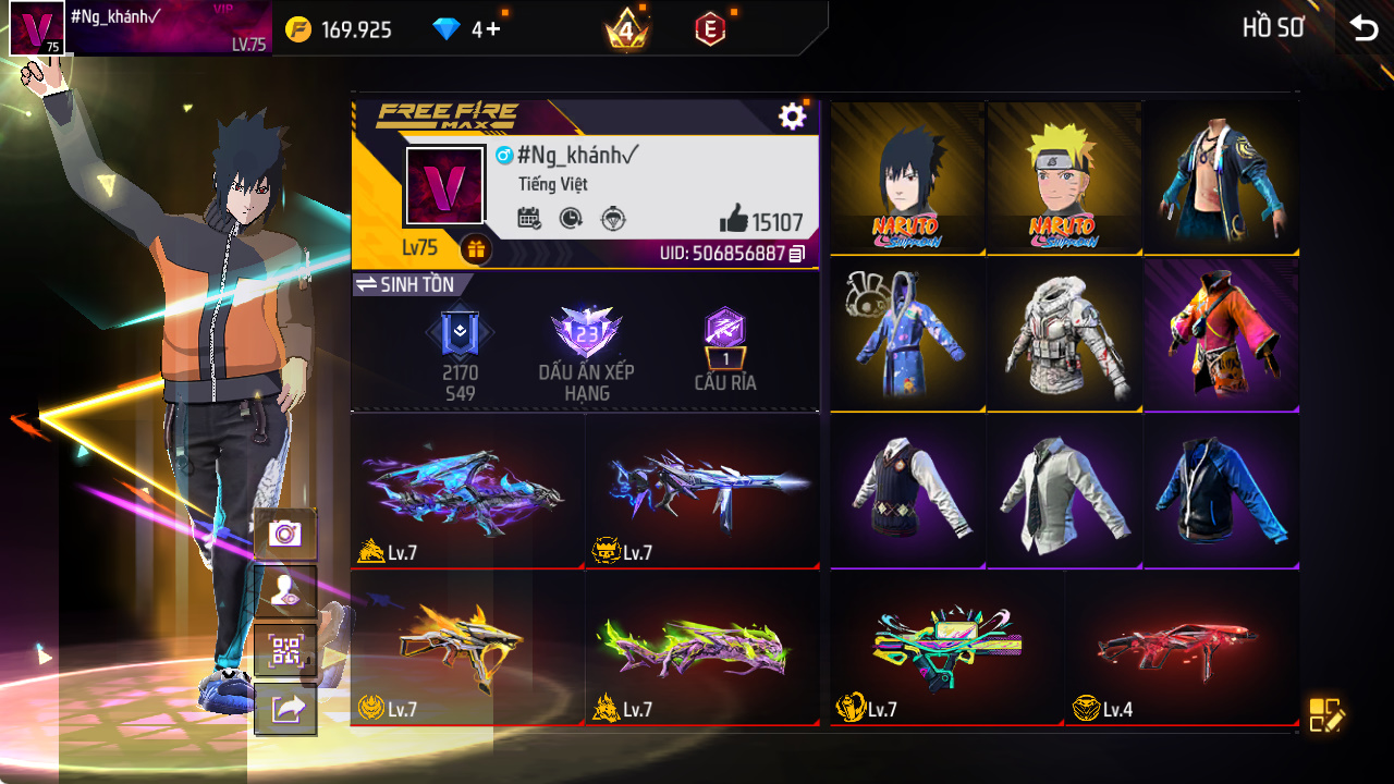 Bán acc Acc Free Fire Siêu Cấp Lv.75 - Full Set Naruto & Sasuke - 5 Súng Evo Max Level 7